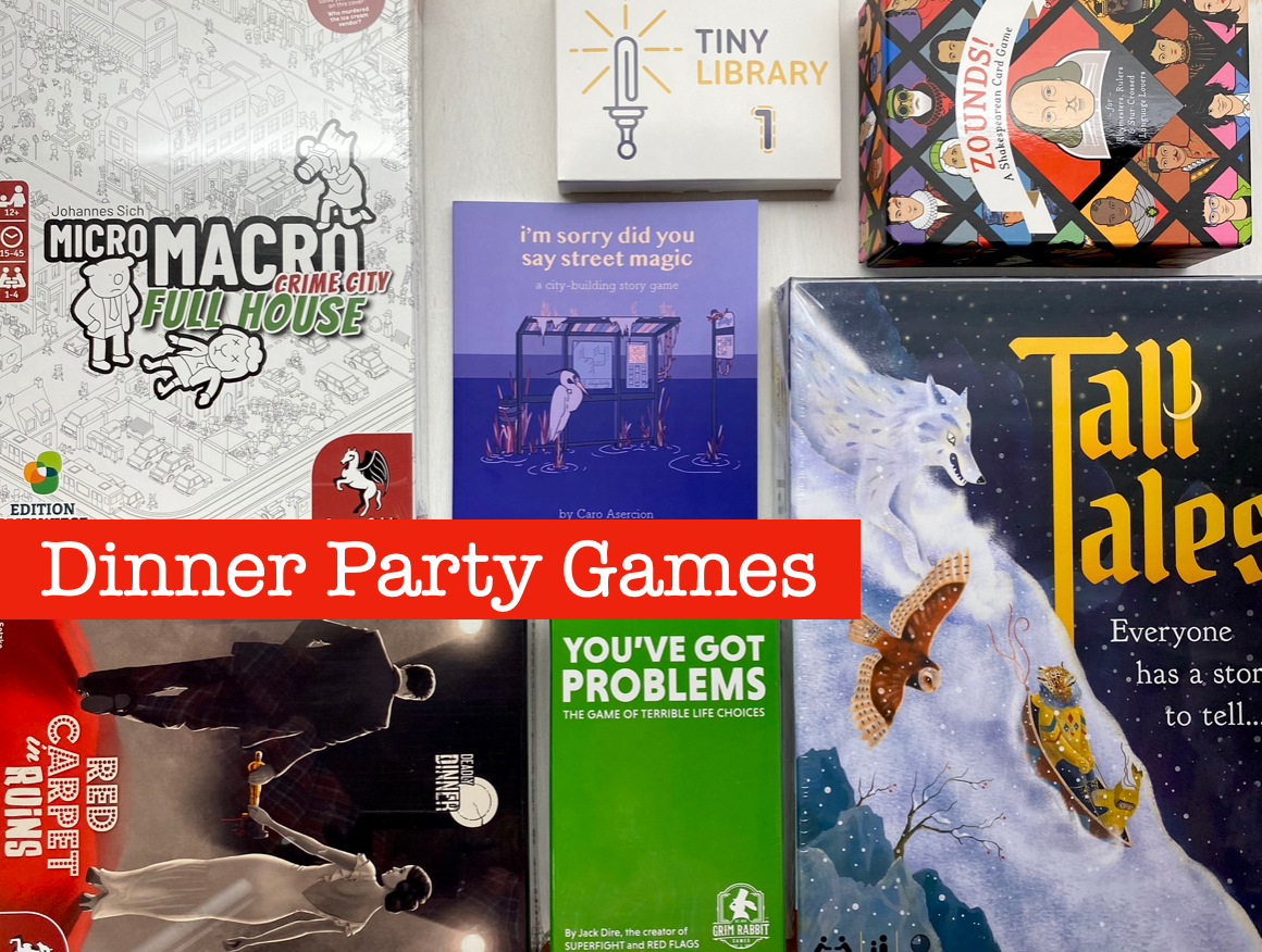 Selection of dinner party board games and RPGs