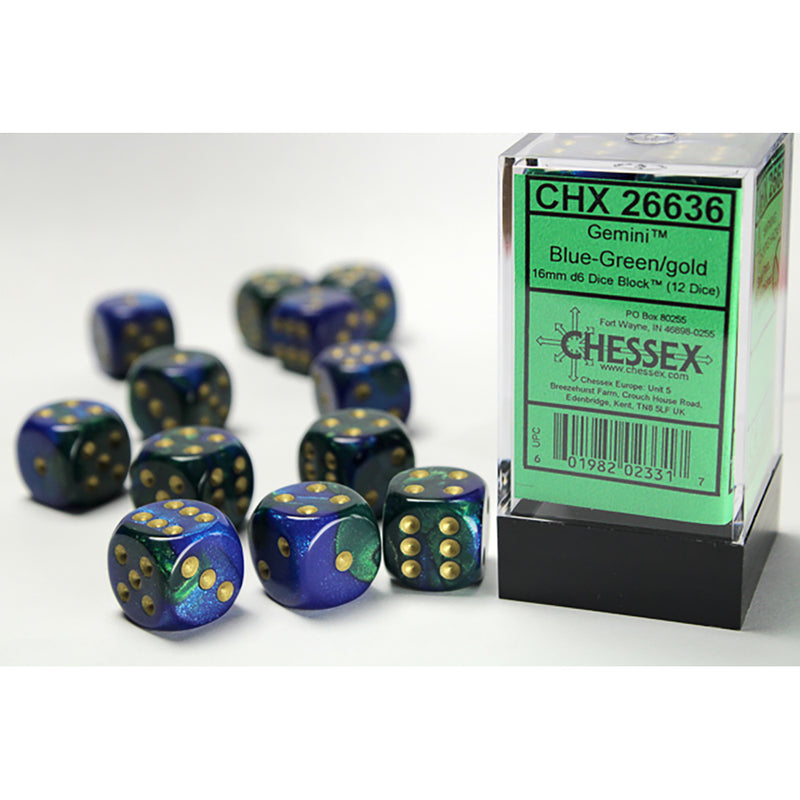 Dice Set 12d6 Gemini (16mm) 26636 Blue Green / Gold