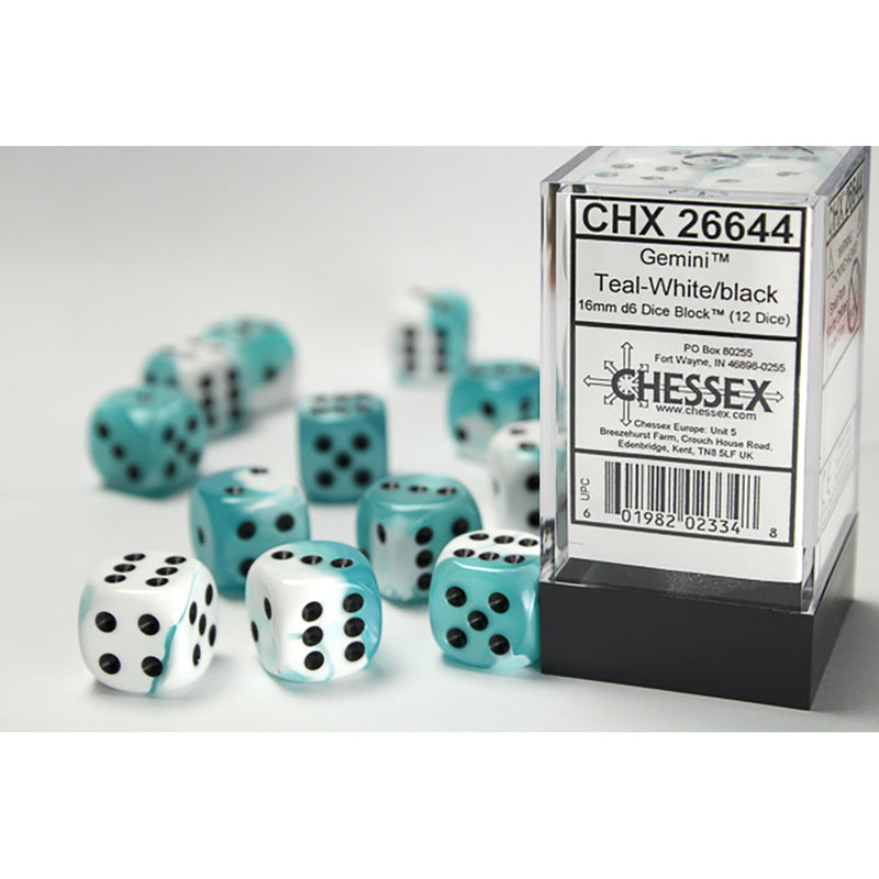 Dice Set 12d6 Gemini (16mm) 26644 Teal-White / Black