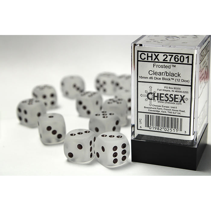 Dice Set 12d6 Frosted (16mm) 27601 Clear / Black