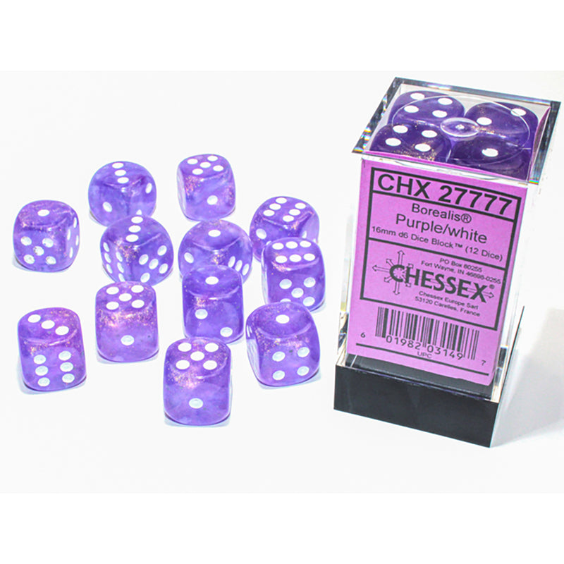 Dice Set 12d6 Borealis Luminary (16mm) 27777 Purple / White