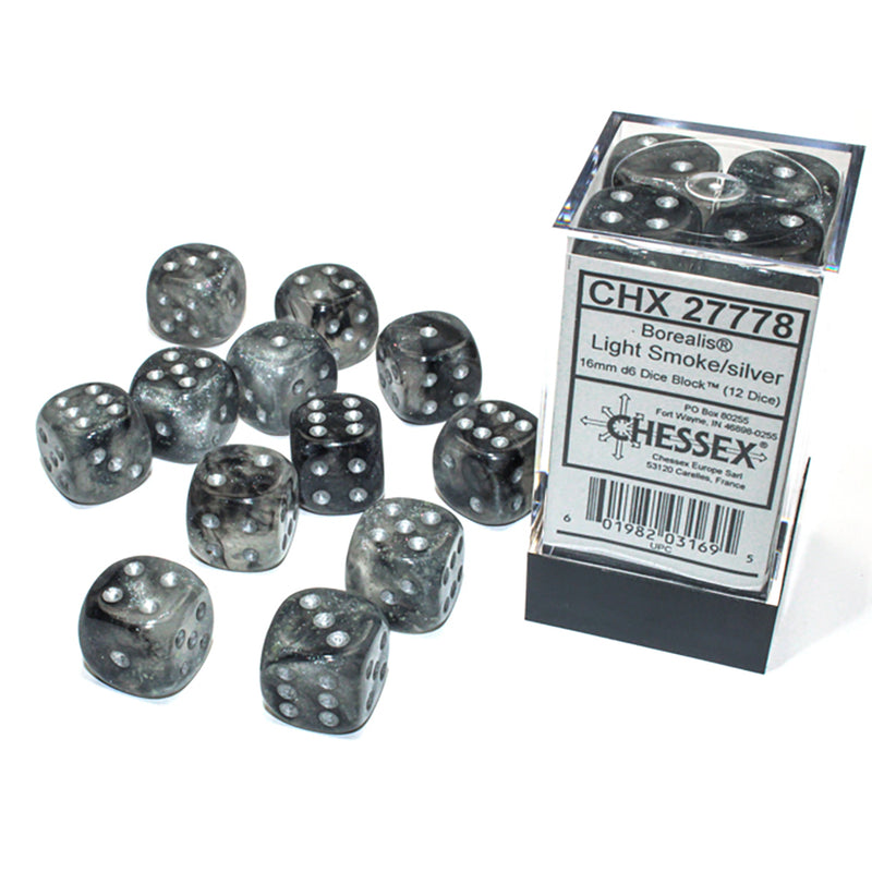 Dice Set 12d6 Borealis (16mm) 27778 Light Smoke / Silver