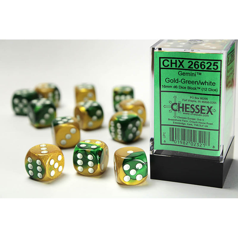 Dice Set 12d6 Gemini (16mm) 26625 Gold Green/ White