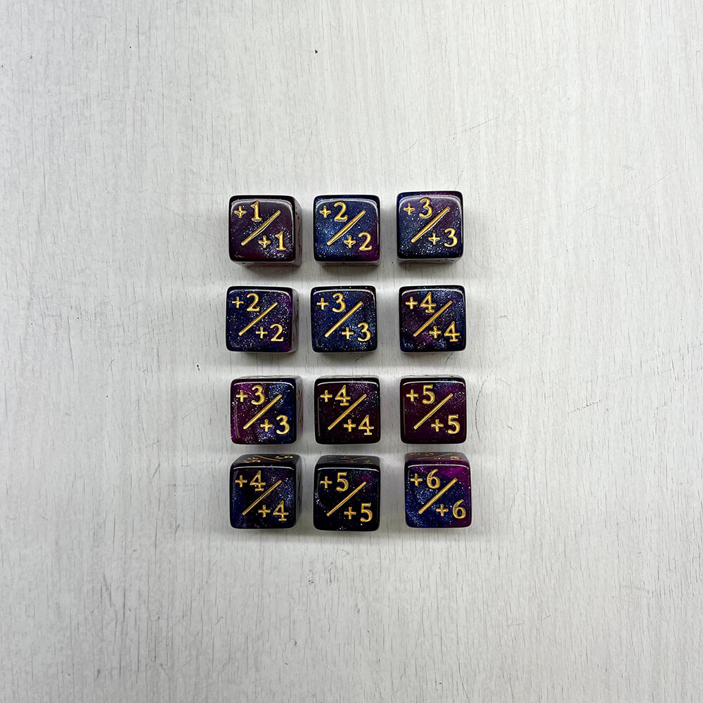 Dice Set 12d6 MTG Counters +1/+1 (16mm) Glitter Dark Blue Purple / Gold