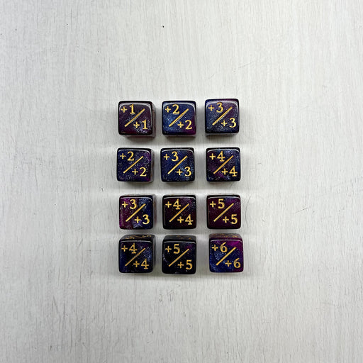Dice Set 12d6 MTG Counters +1/+1 (16mm) Glitter Dark Blue Purple / Gold