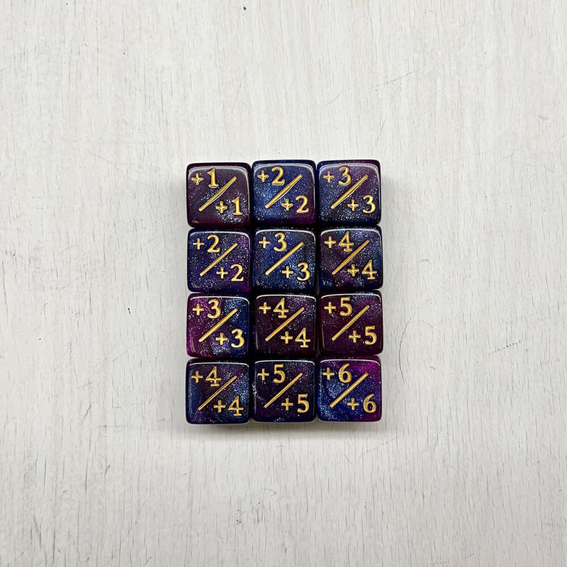 Dice Set 12d6 MTG Counters +1/+1 (16mm) Glitter Dark Blue Purple / Gold