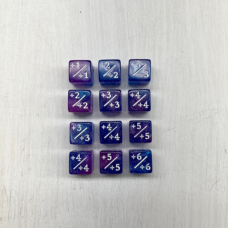 Dice Set 12d6 MTG Counters +1/+1 (16mm) Glitter Blue Purple / White