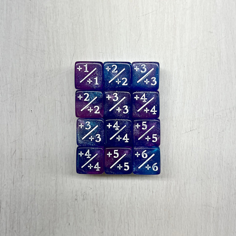 Dice Set 12d6 MTG Counters +1/+1 (16mm) Glitter Blue Purple / White