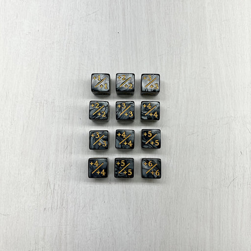 Dice Set 12d6 MTG Counters +1/+1 (16mm) Black Pearl / Gold