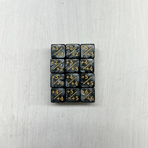 Dice Set 12d6 MTG Counters +1/+1 (16mm) Black Pearl / Gold