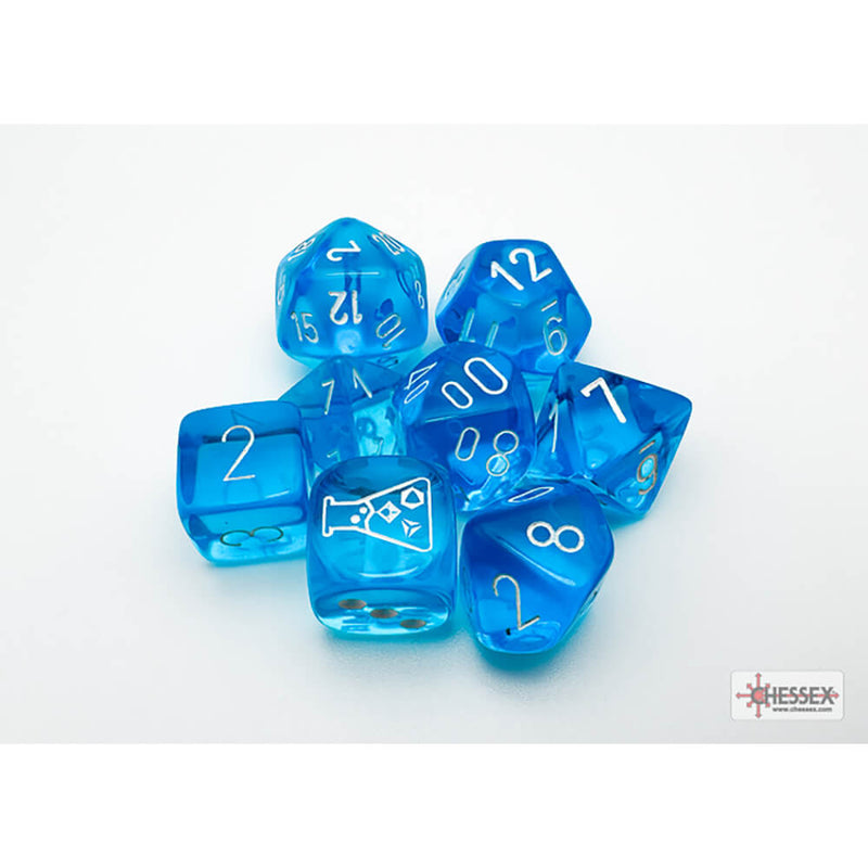 Dice 7-set Lab Translucent (16mm) 30063 Tropical Blue / White