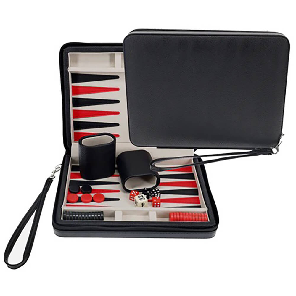 Backgammon (9in) Leatherette Folding Case Black Interior Red / Black