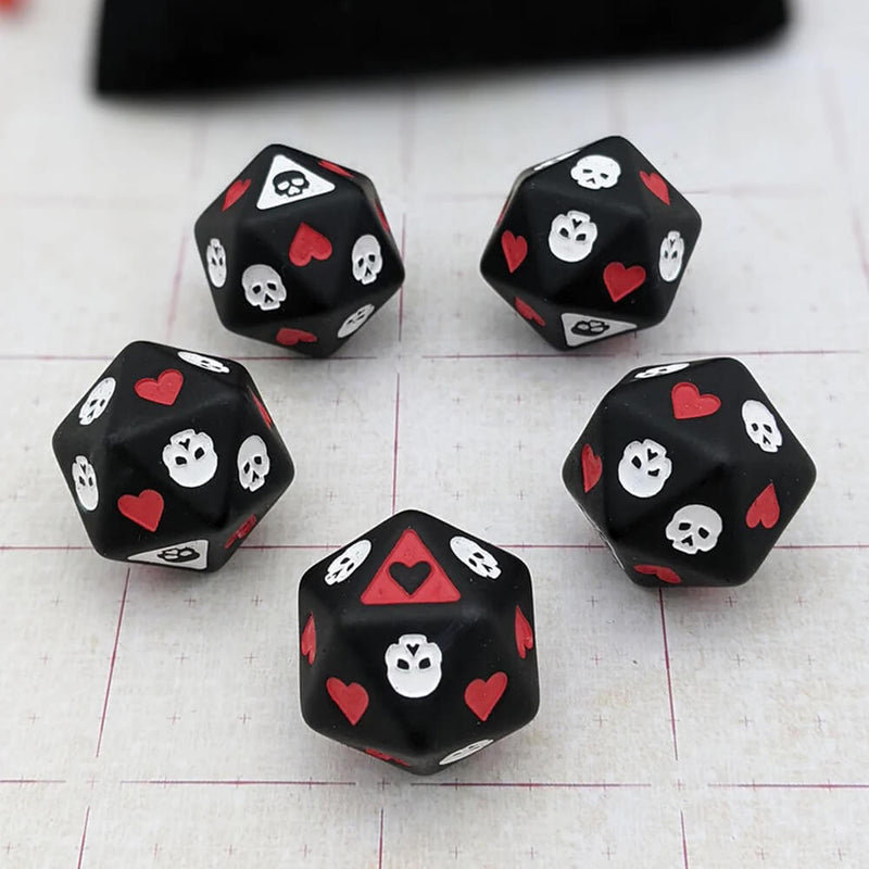 Dice Set + Bag 5d20 Death Saves Black / White Red