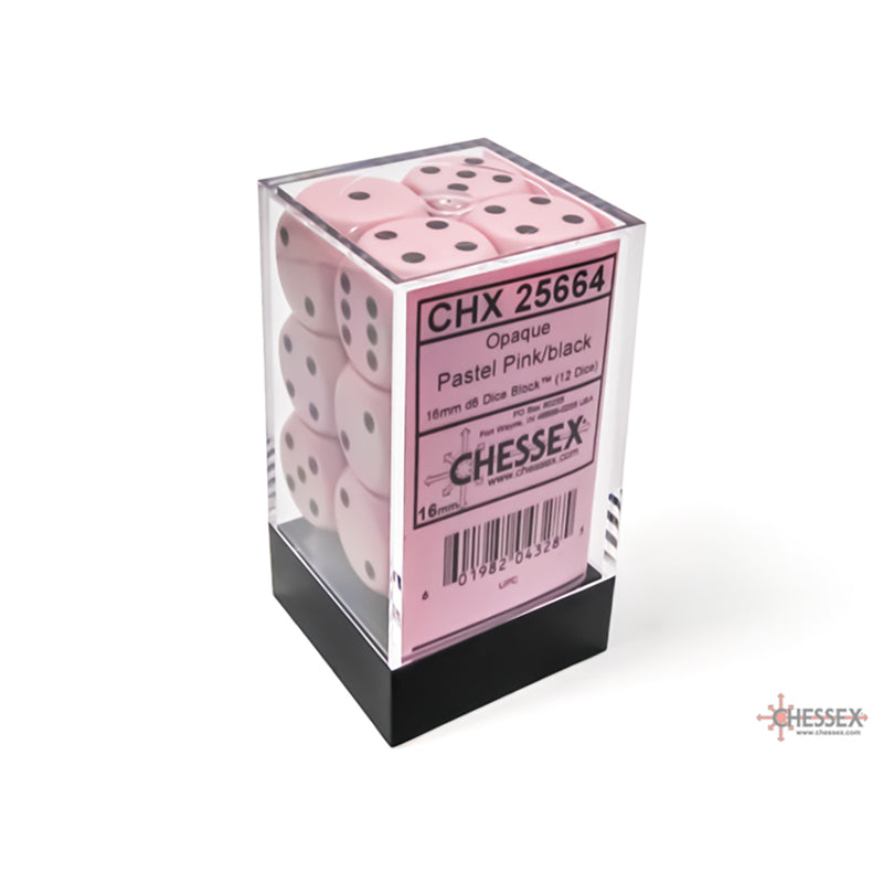 Dice Set 12d6 Opaque (16mm) 25664 Pastel Pink / Black