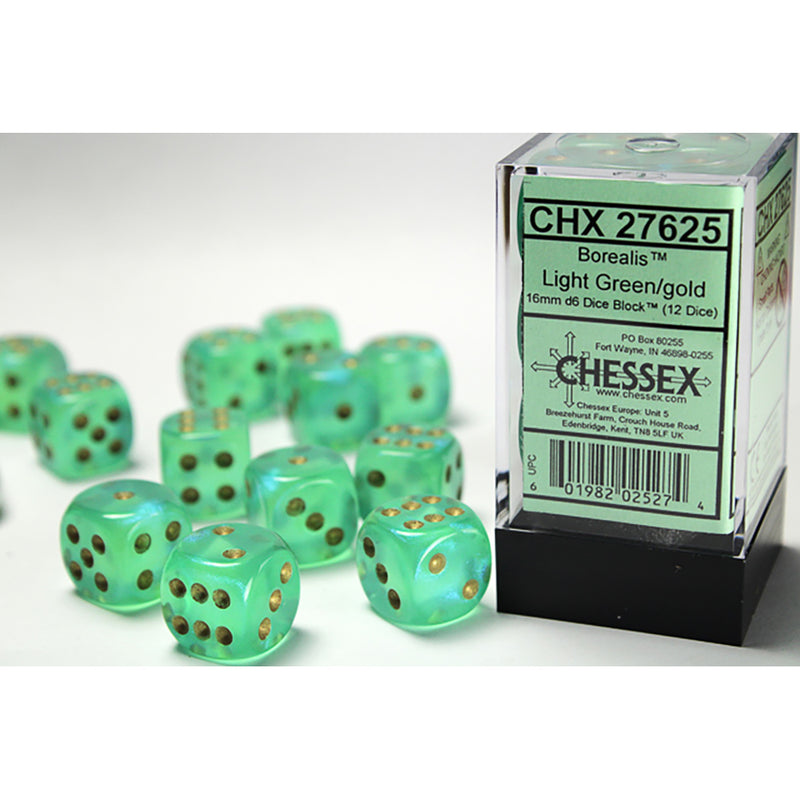 Dice Set 12d6 Borealis (16mm) 27625 Light Green / Gold