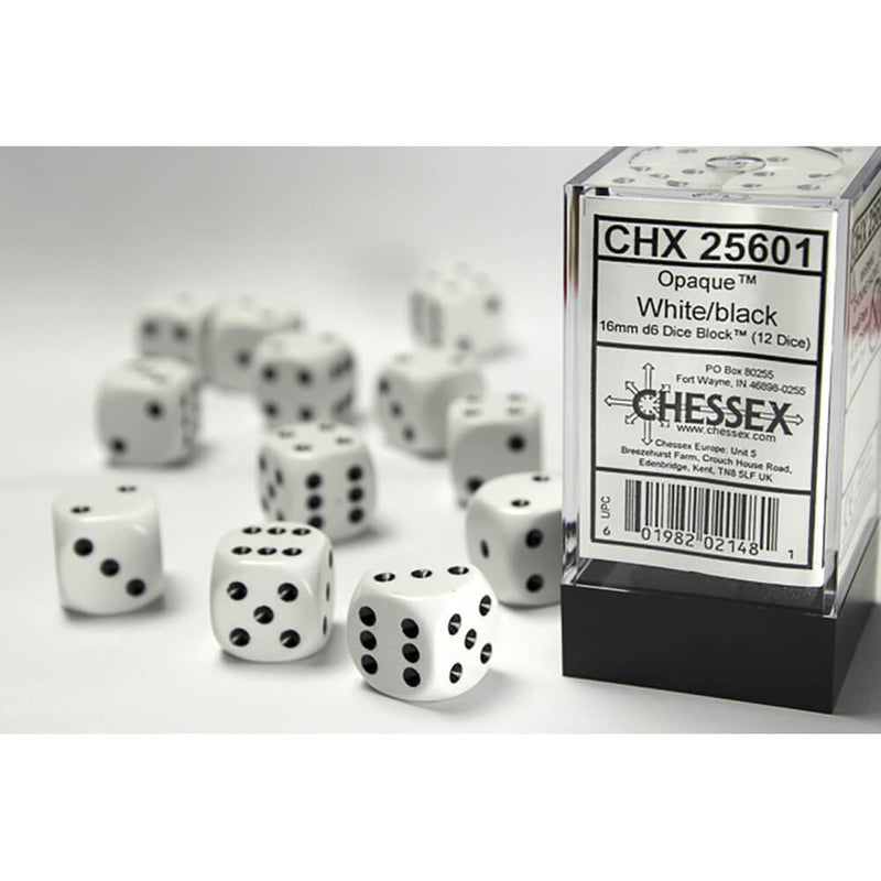 Dice Set 12d6 Opaque (16mm) 25601 White / Black