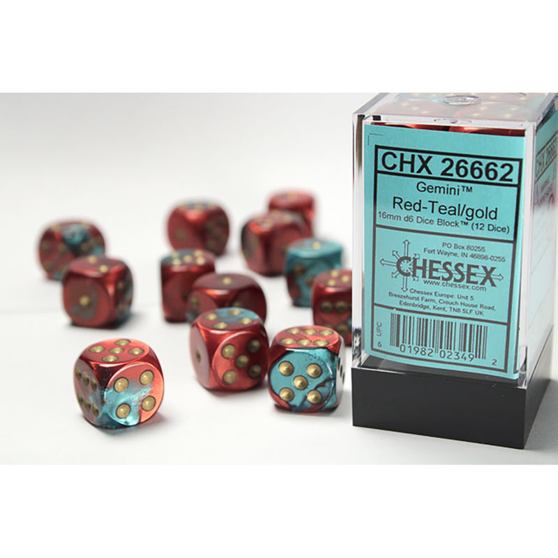 Dice Set 12d6 Gemini (16mm) 26662 Red Teal / Gold