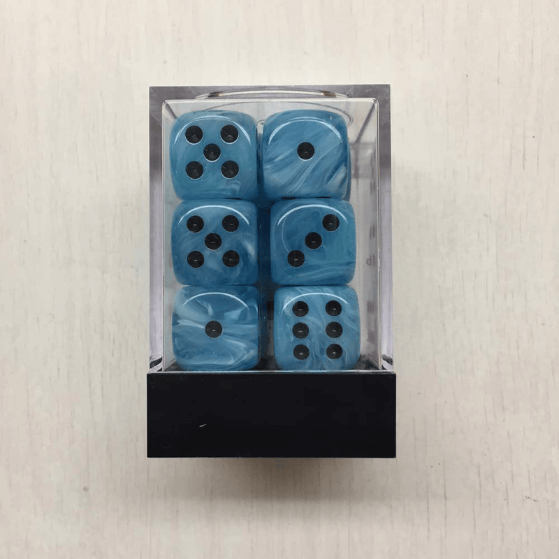 Dice Set 12d6 Deluxe Swirl (16mm) Ice Blue / Black