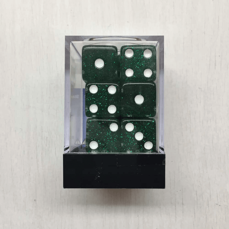 Dice Set 12d6 Glitter (16mm) Green / White