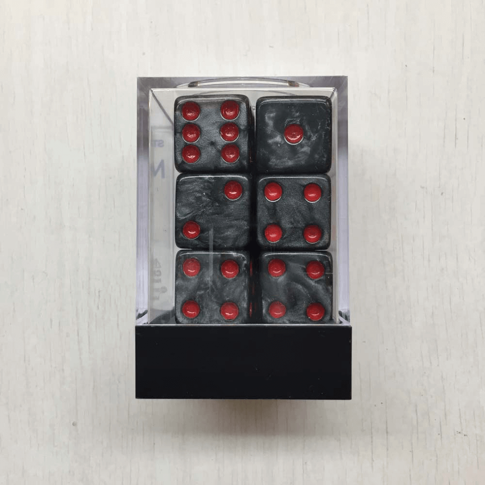 Dice Set 12d6 Marbleized (16mm) Charcoal / Red