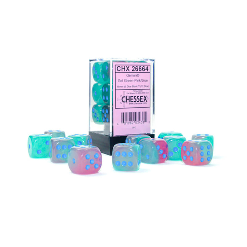 Dice Set 12d6 Gemini Luminary (16mm) 26664 Gel Green Pink / Blue