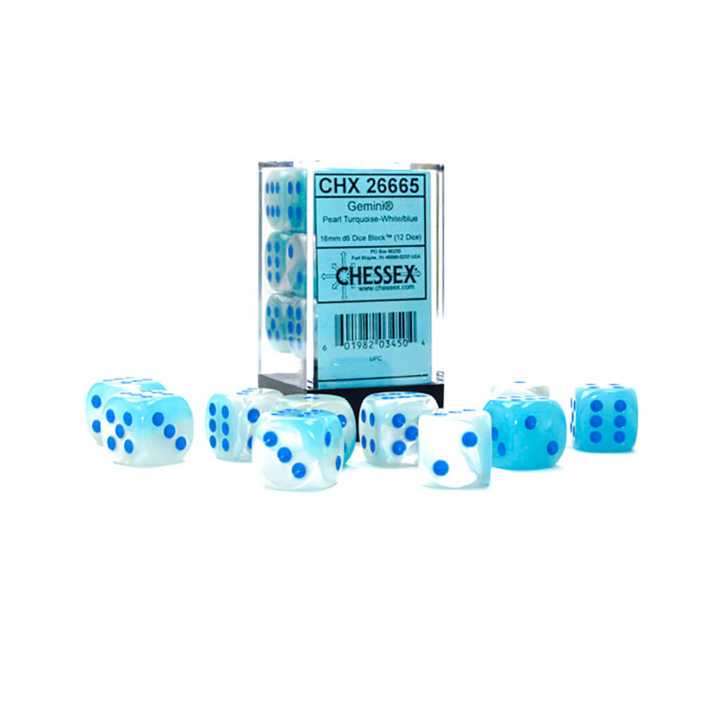 Dice Set 12d6 Gemini Luminary (16mm) 26665 Pearl Turquoise- White / Blue