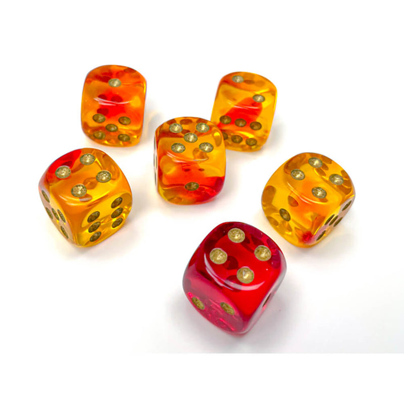Dice Set 12d6 Gemini Translucent (16mm) 26668 Red Yellow / Gold