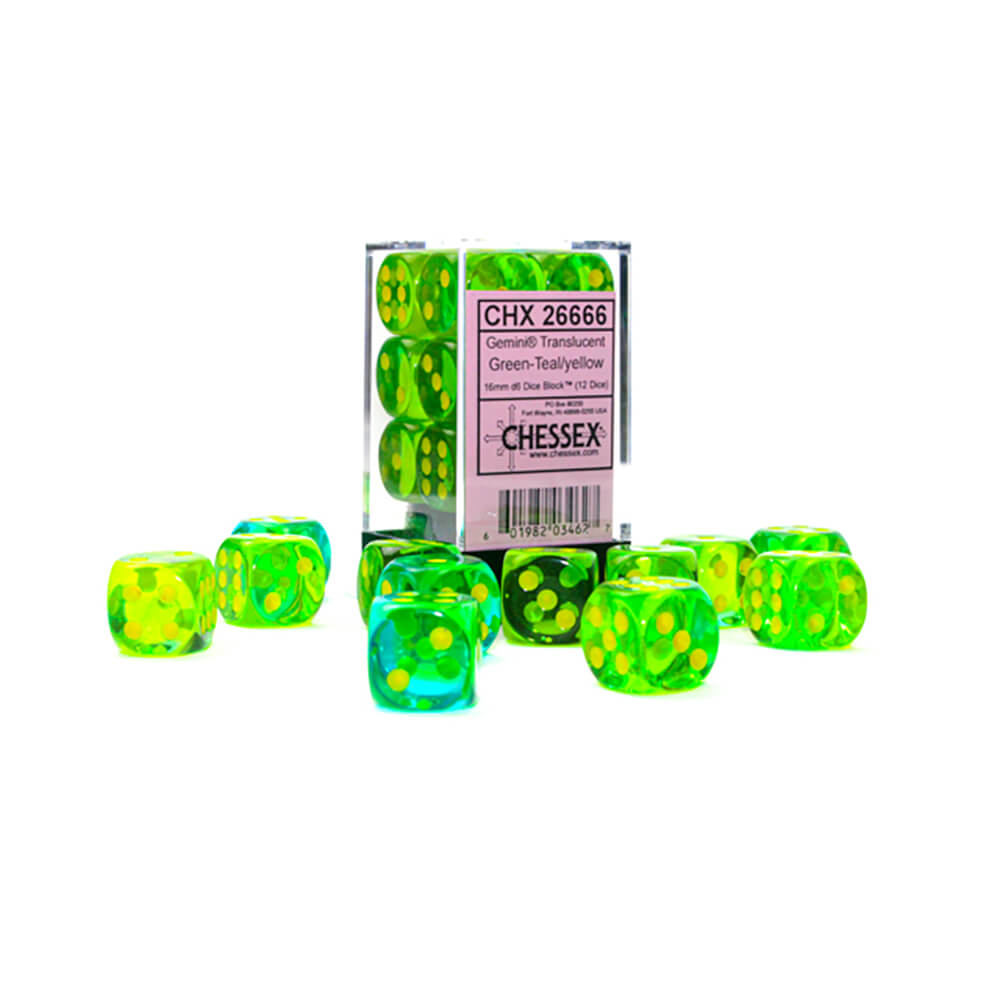 Dice Set 12d6 Gemini Translucent (16mm) 26666 Green Teal / Yellow