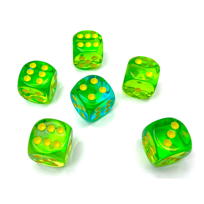 Dice Set 12d6 Gemini Translucent (16mm) 26666 Green Teal / Yellow