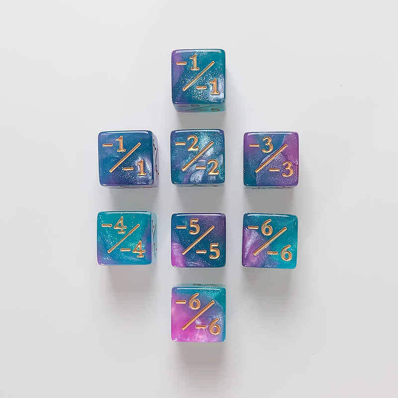 Dice Set 8d6 MTG Counters -1/-1 (16mm) Glitter Blue / Purple