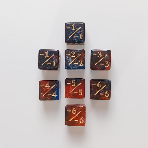 Dice Set 8d6 MTG Counters -1/-1 (16mm) Glitter Red / Blue