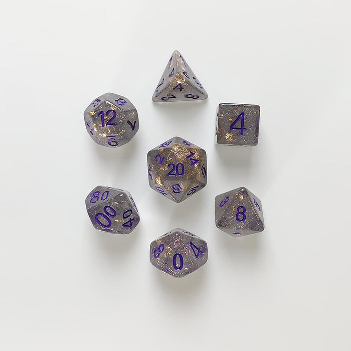 Dice 7-set Elemental (16mm) Grey Gold Foil / Purple