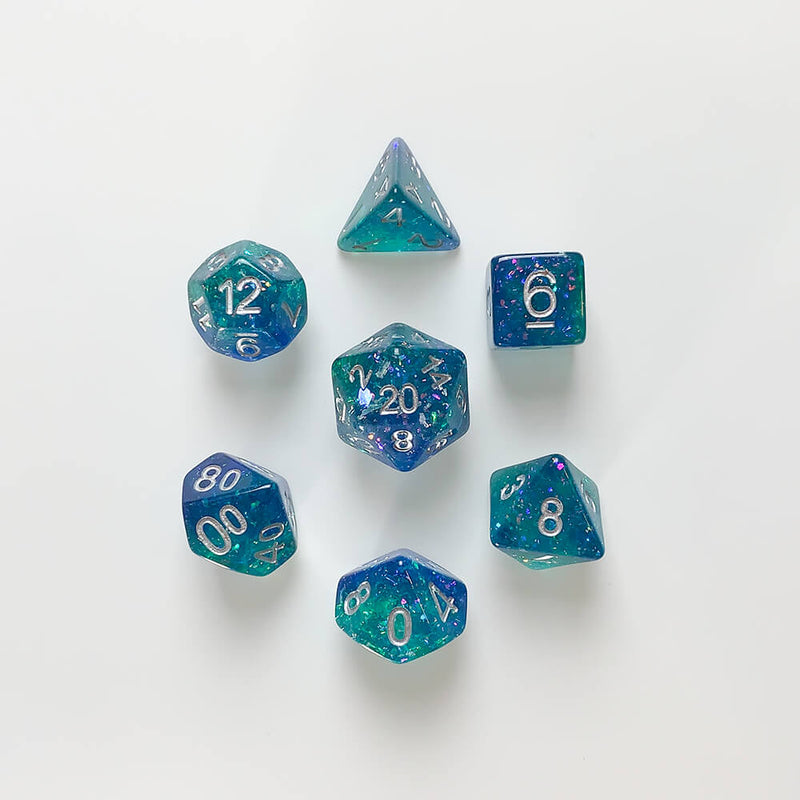 Dice 7-set Beach (16mm) Ocean Glitter / White