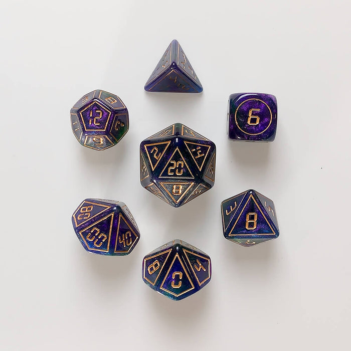 Dice 7-set Cyber (16mm) Purple Green / Gold