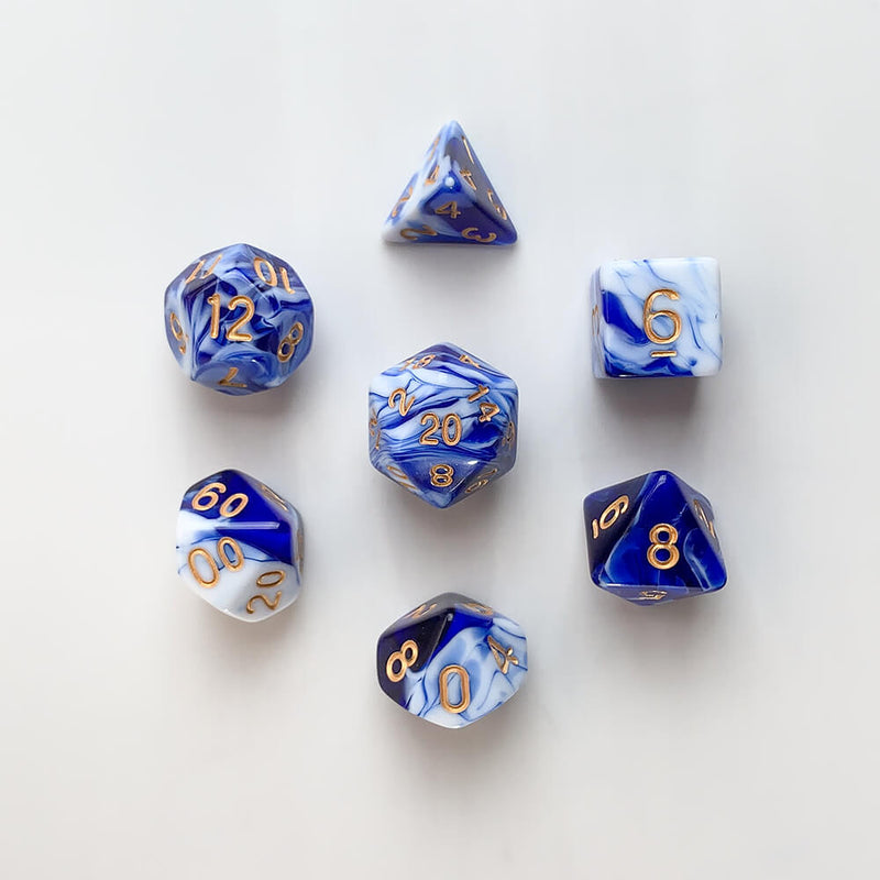 Dice 7-set Village (16mm) Blue Porcelain / White