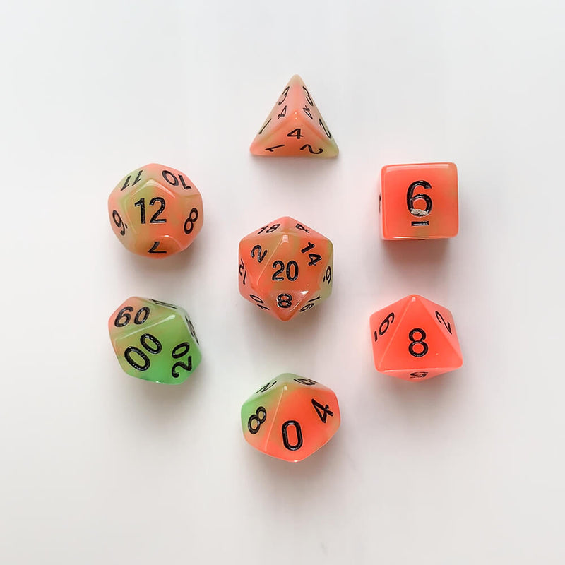 Dice 7-set Glow in the Dark (16mm) Mango / Black