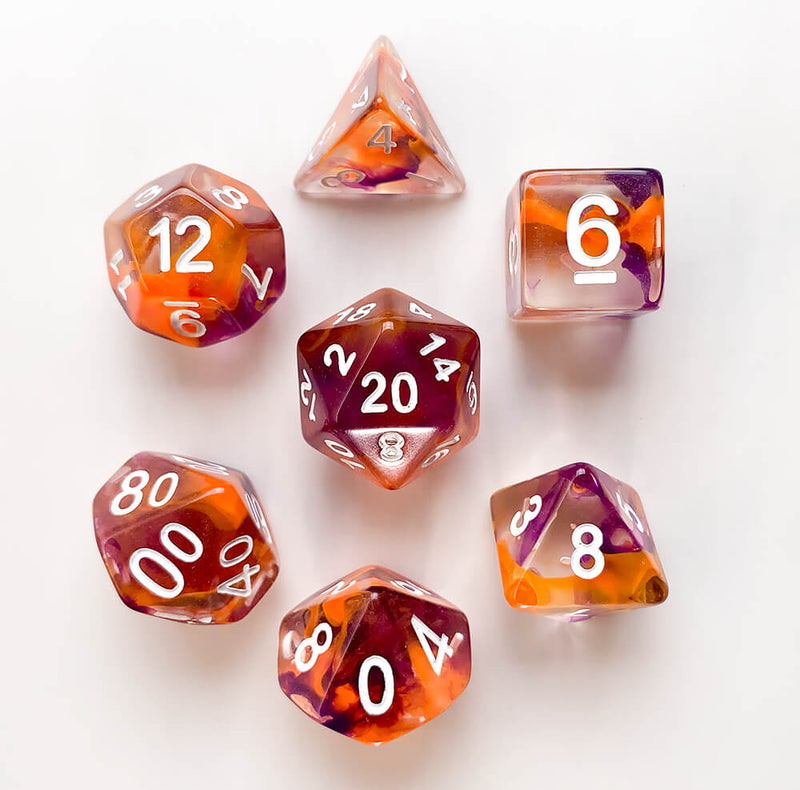Dice 7-set Swirl (16mm) Purple & Orange / White