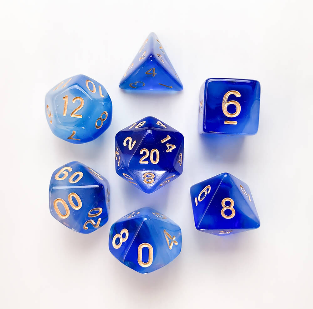 Dice 7-set Galaxy (16mm) Blue Milky / Gold