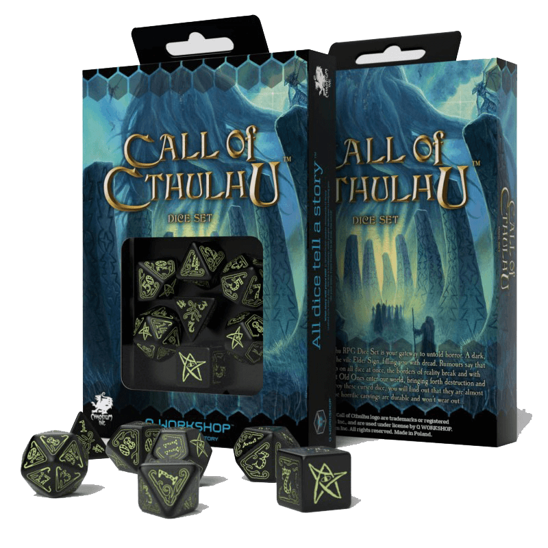 Dice 7-set Call of Cthulhu (16mm) Black / Glow