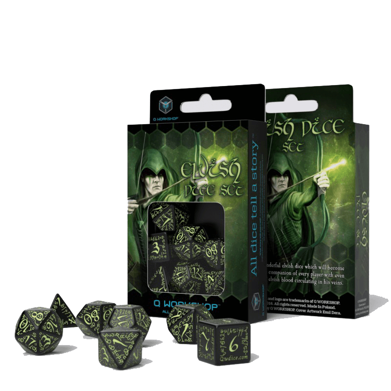 Dice 7-set Elven (16mm) Black / Glow