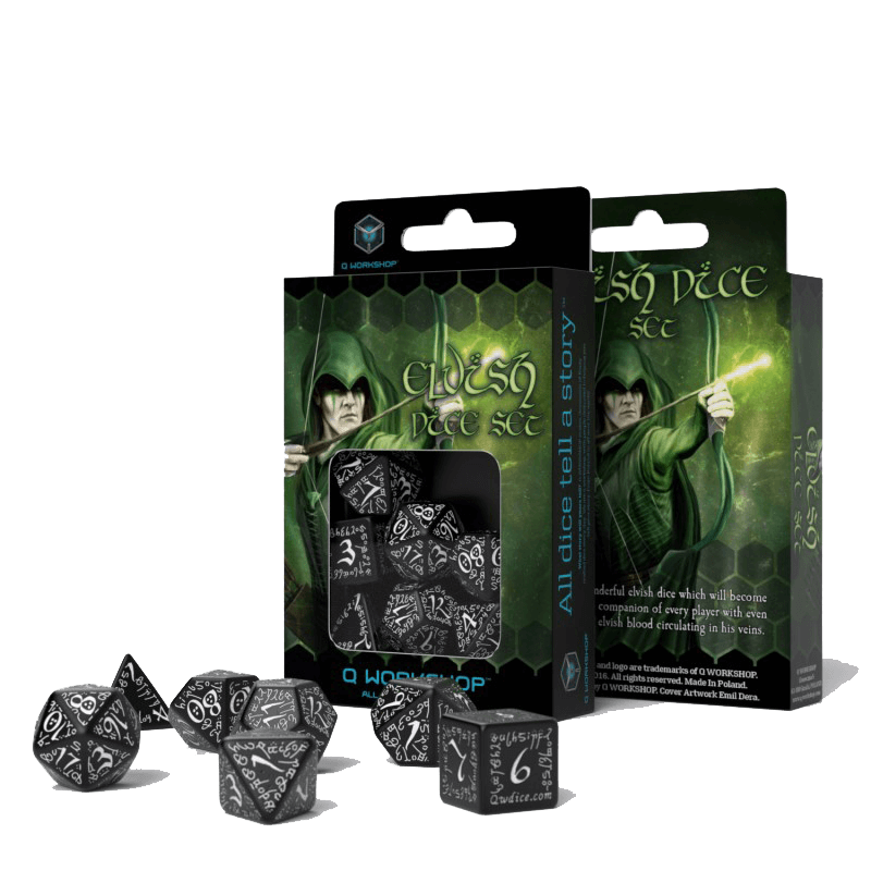 Dice 7-set Elven (16mm) Black / White