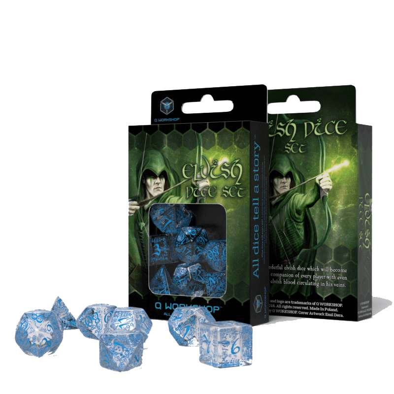 Dice 7-set Elven (16mm) Transparent / Blue