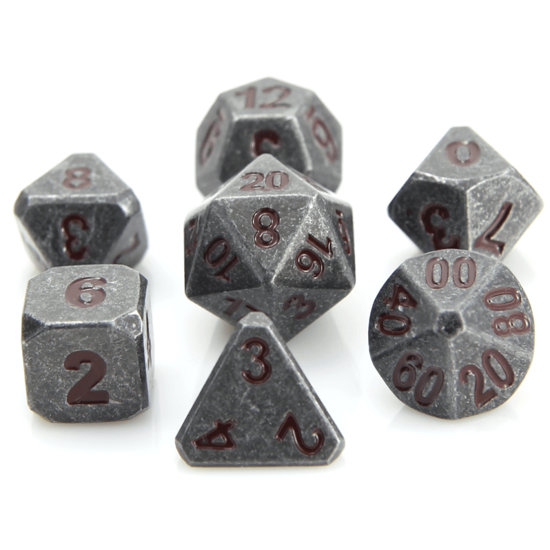 Dice 7-set Metal Forge (16mm) Raw Steel / Dark Red
