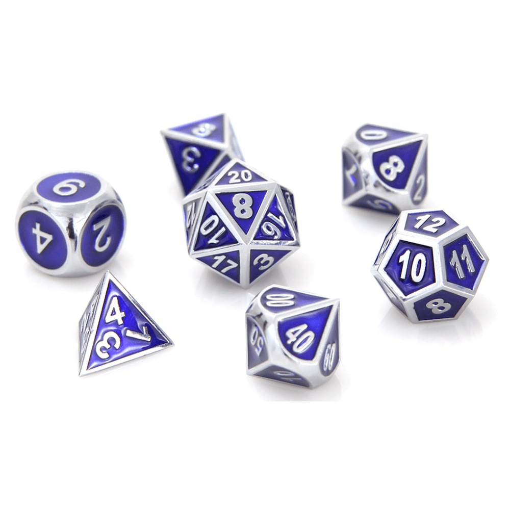 Dice 7 Set Metal Gemstone 16mm Silver Sapphire — Twenty Sided™ 9888