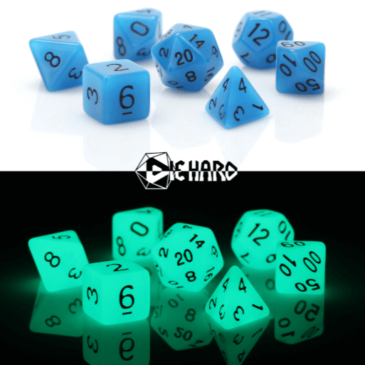 Dice 7-set Glow in the Dark (16mm) Blue
