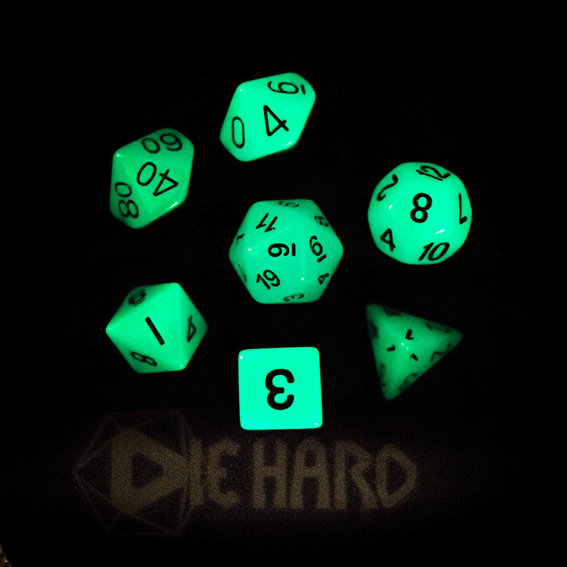Dice 7-set Glow in the Dark (16mm) Blue