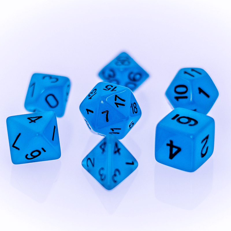 Dice 7-set Glow in the Dark (16mm) Blue
