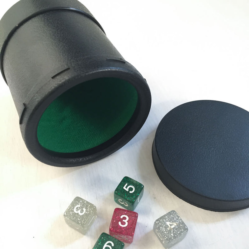 Dice Cup w/ Lid Black Plastic Green Velvet Lining
