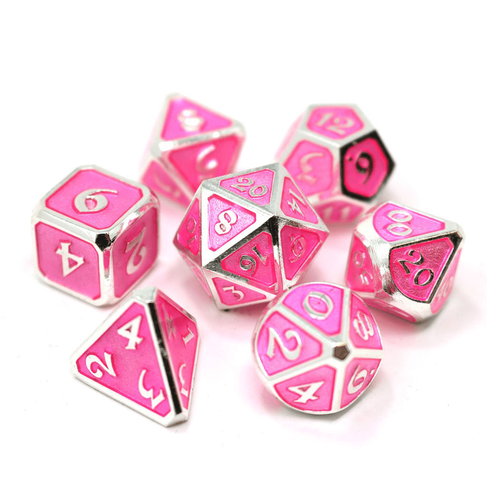 Dice 7-set Metal Mythica (16mm) Platinum Pink Sapphire — Twenty Sided