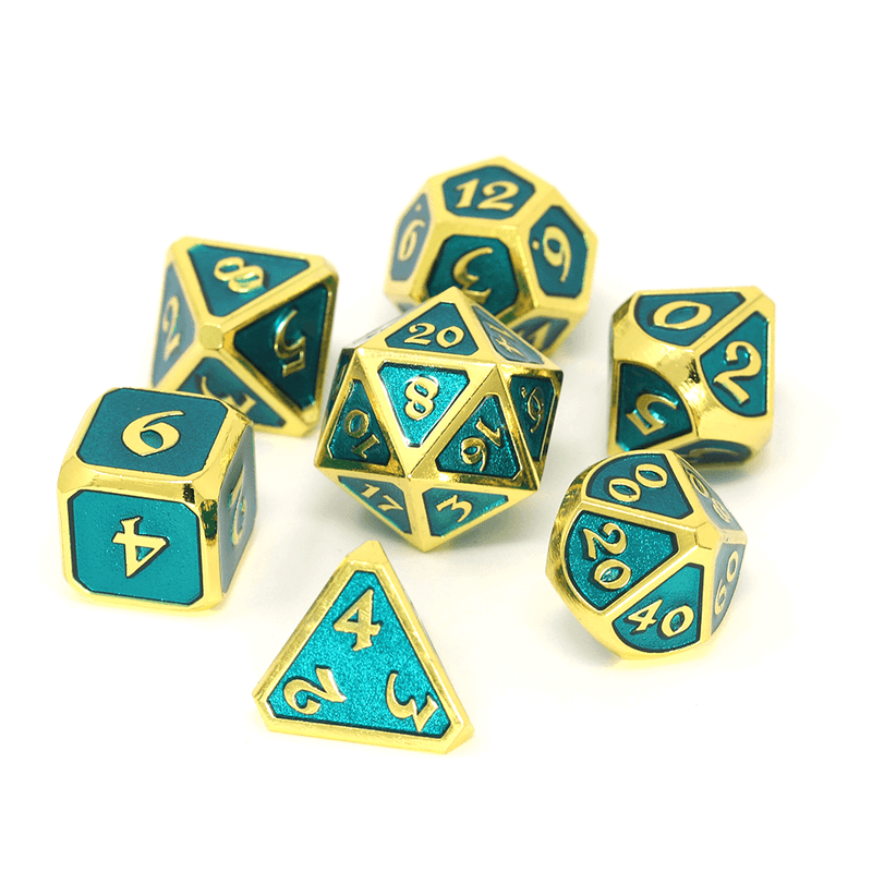 Dice 7-set Metal Mythica (16mm) Gold Aquamarine